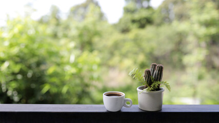 Small coffee cup and small cactus pot on top of balcony fence with nature view