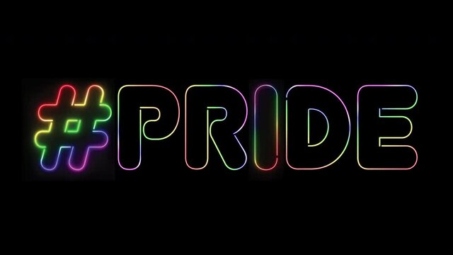Electric gay pride neon sign message with modern social media hashtag lighting up in rainbow party colors