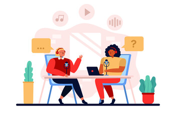 Womans sit at a table with a laptop and a microphone, in headphones and records a podcast. Concept of creating podcast, blogging. Girls interview, conducts webinar, online courses. Vector, Isolated
