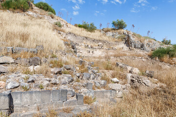 Fototapeta na wymiar The ruins of the Greek - Roman city of the 3rd century BC - the 8th century AD Hippus - Susita on the Golan Heights near the Sea of Galilee - Kineret, Israel