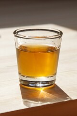 glass of cognac on a wooden table