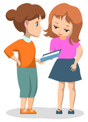 Classmates reading book vector, isolated characters female students with textbook. Kid helping child with homework, material in book friendship, back to school concept. Flat cartoon