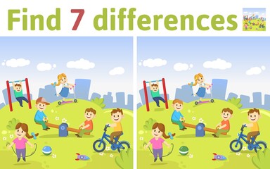 Obraz na płótnie Canvas Find the differences in two colored pictures. Children riddle game with kids playing at the plyground. English language educational game sheet. Colorful flat vector illustration.