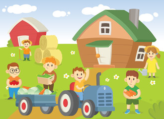 Harvest season on a farm with happy kids characters. Colorful flat vector illustration, horizontal.