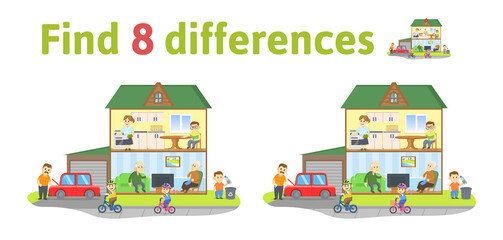 Find the differences in two colored house. Children funny riddle game. English language education sheet. Colorful flat vector illustration.