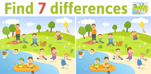 Obraz na płótnie Canvas Find the differences in two colored pictures. Children riddle game with characters playing in the park by the lake. English language education sheet. Colorful flat vector illustration.