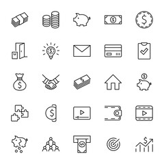 Set of Money Related Vector Line Icons. Contains such Icons as Money Bag, Piggy Bank in the form of a Pig, Wallet, ATM, Bundle of Money, Hand with a Coin and more. Editable Stroke. 32x32 Pixels.