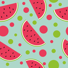 watermelon seamless pattern in vector flat style, summer bright juicy fruit background blue