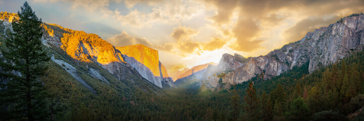 Yosemite valley nation park during sunrise view from tunnel view on morning time. Yosemite nation park, California, USA. Panoramic image.