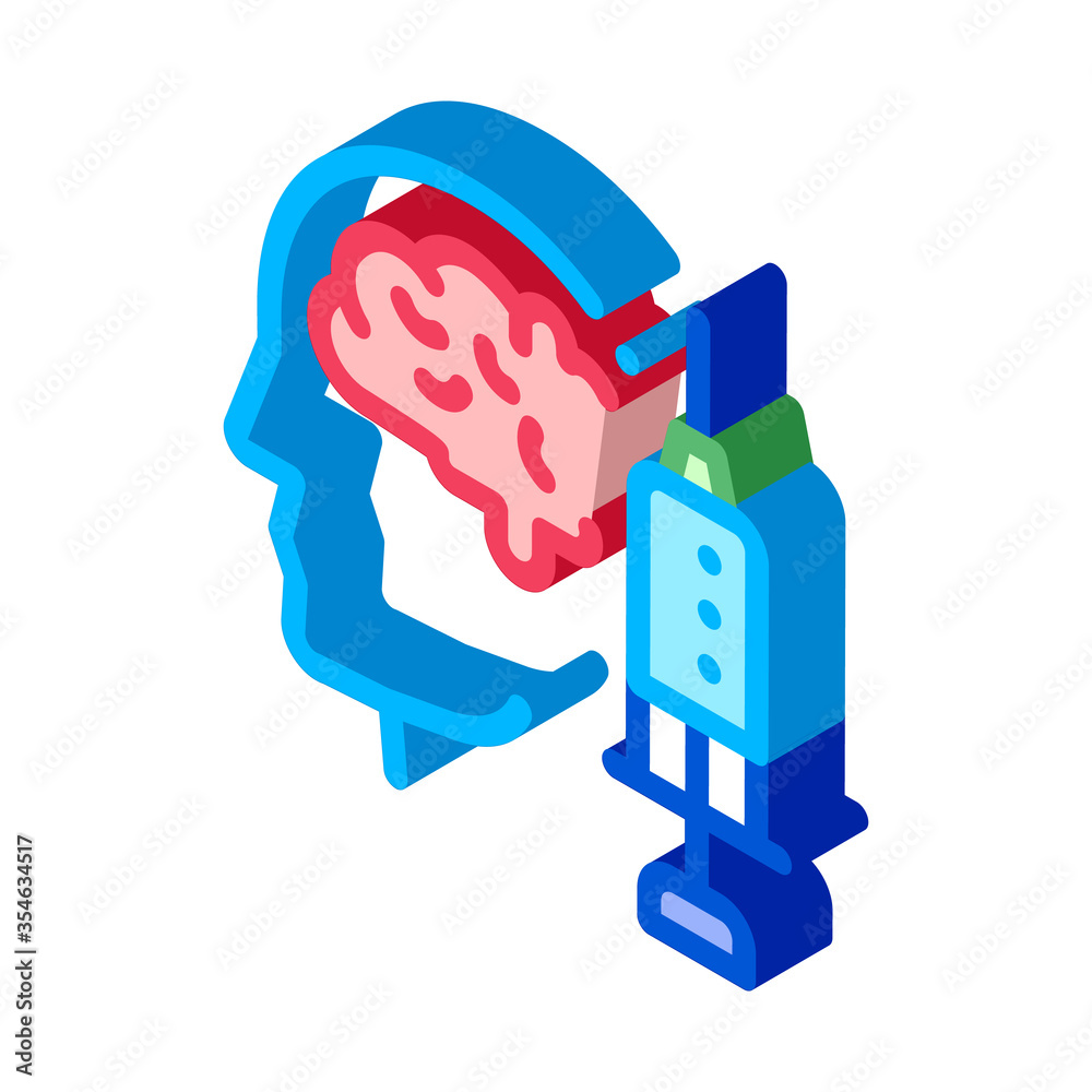 Poster Brain Syringe Injection Vaccine Headache vector isometric sign. color isolated symbol illustration