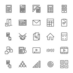 Set of Calculation Vector Line Icons. Contains such Icons as Calculator Icon, Pencil, Click, Money Bag, Percent symbol, Square and Ruler. Editable Stroke. 32x32 Pixels