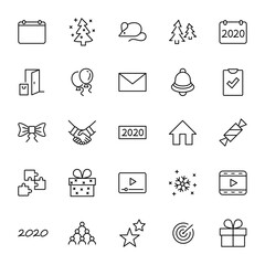Happy New Year Mouse. Set vector line icon. Contains such Icons as Mouse, Christmas Tree, Calendar 2020, Bow, Balloons, Bell, Candy, Gift Box, Stars, Snowflake. Editable Stroke. 32x32 Pixels