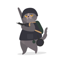 A funny cat with a serious look holds a gun in its paws. A cat in military uniform holds a weapon. Good for stickers, t-shirts and cards. Isolated. Vector.