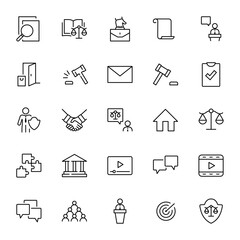 Set of Law and justice Vector Line Icons. Contains such Icons as weapon, arrest, authority, courthouse, gavel, legal, weapon and more. Editable stroke. 32x32 Pixels