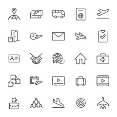 Set of Airport Related Vector Line Icons. Contains such Icons as Globe, Departure, Plane, Bus, Tickets, Baggage Claim, Calendar, Kit and more. Editable Stroke. 32x32 Pixels.