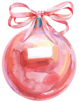 Watercolor Pink Christmas Ball Isolated On A White Background.