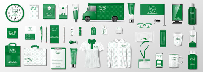 Corporate identity template design. Branding design kit for beauty salon, cosmetic shop or organic shop. Green business stationery mockup set. Vector