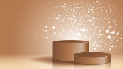 Round white stage podium illuminated with luxury on glitter particles background for product presentation.