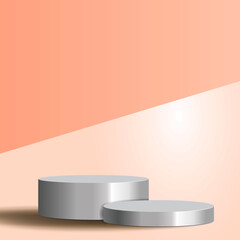 Round white stage podium illuminated with luxury on glitter particles background for product presentation.