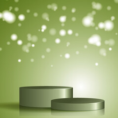 Round white stage podium illuminated with luxury on glitter particles background for product presentation.