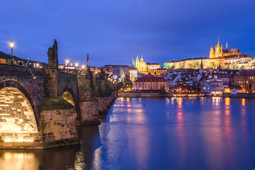 Fototapeta na wymiar Overview of Vltava river and Charles bridge and bridges of Prague, Czech Republic