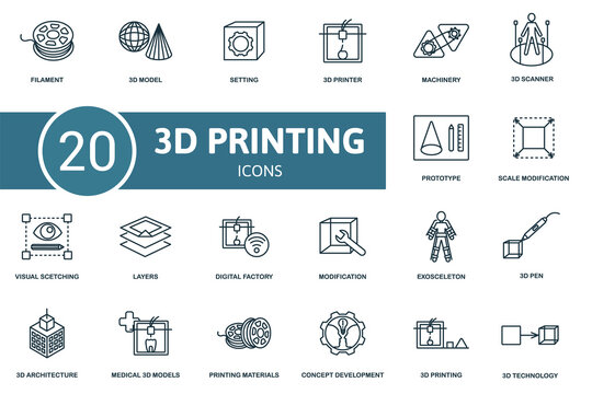 3D Printing icon set. Collection contain filament, model, setting, printer, machinery, scanner and over icons. 3D Printing elements set