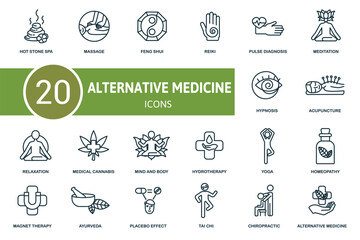 Alternative Medicine icon set. Collection contain reiki, pulse, diagnosis, feng, shui, hot, stone, spa, massage, mind, body, hydrotherapy, relaxation and over icons. Alternative Medicine elements set.
