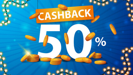 Blue cashback banner with large numbers of percent 50 with gold coins around. Cashback banner for your website in cartoon style
