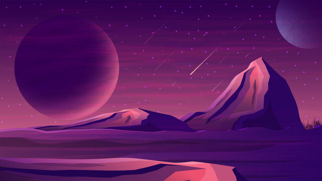 Mars purple space landscape with a large planets, starry sky, meteors and mountains. Space landscape with a huge planet on the horizon
