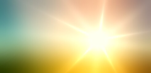 Sun light blurred landscape banner. Empty background natural yellow green gradient. Bright beams abstract pattern.