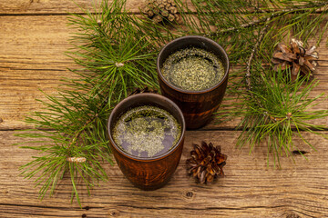 Fototapeta na wymiar Pine needle tea, sollip-cha, traditional Korean beverage. Alternative medicine, healthy life style