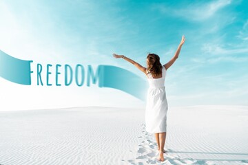 back view of beautiful girl in white dress with hands in air on sandy beach with blue sky, freedom illustration