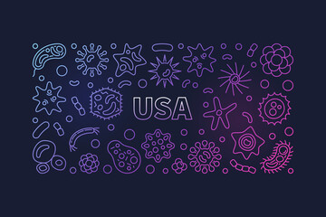 COVID-19 in USA vector colored horizontal banner. America 2019-ncov concept outline illustration on dark background