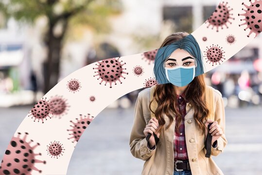 girl with illustrated face in mask and backpack in city with bacteria illustration
