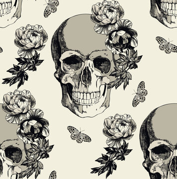 Vintage sepia skull with flowers and butterflies seamless pattern	
