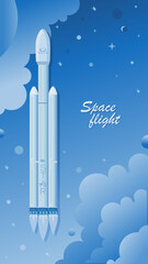 Space flight. Spaceship. Astronautics. Vector flying rocket, spaceship. Poster, banner. 