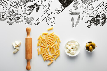 Flat lay with garlic, rolling pin, pasta and bowls with olives and mozzarella on white background, food illustration