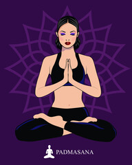 India girl sitting in yoga pose, Lotus Pose or Padmasana asana in hatha yoga, on mandala background. vector illustration in trendy style.
