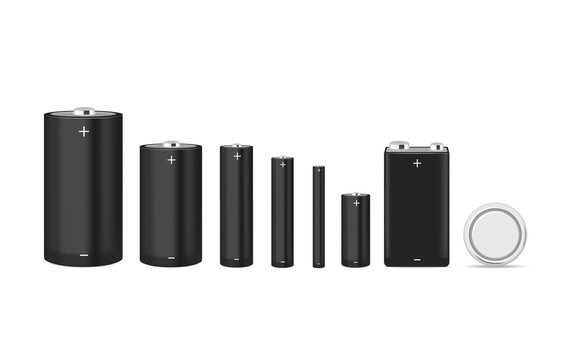 Set of black alkaline batteries of various sizes AA, C, D, AAAA, 9-volt, button for your design, vector.