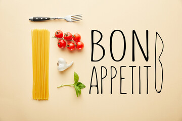 flat lay with delicious spaghetti with tomato sauce ingredients on yellow background with bon...