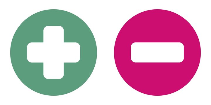 Plus and minus mark icons circle flat green and red colors.