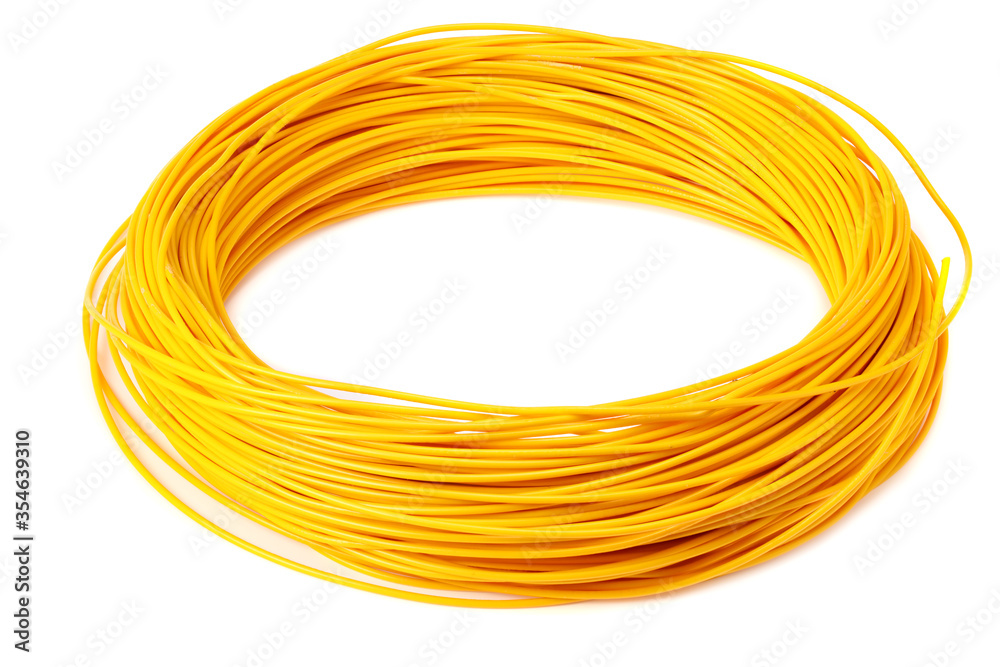 Wall mural yellow electric cable isolated on white background. electrical wire