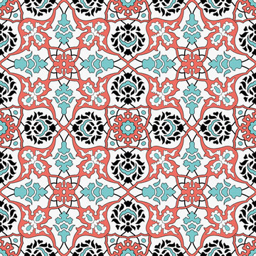 Seamless traditional Ottoman tile pattern red coral and turquoise colors 