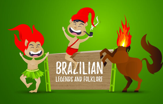 vector illustration the character of Brazilian legends and folklore stories, Curupira, one-legged boy in a red cap with a pipe Saci Perere, mula sem cabeca, Translation: the name characters