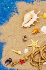 Seashells summer background. Lots of different seashells piled together, sea star
