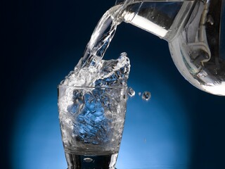 Overflowing and spashing out glass of water.
Blue background