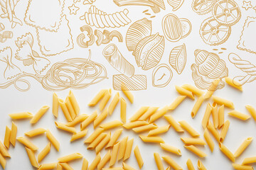 Top view of uncooked penne on white background, pasta illustration