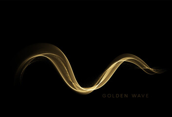 Abstract shiny color gold wave design element with glitter effect on dark background. Vector illustration