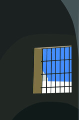 Blue sky through a barred window inside a building