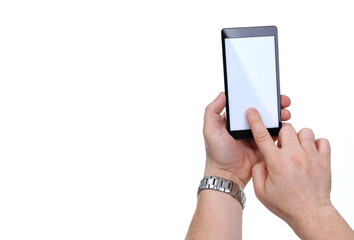 Top view of male hand that touching screen